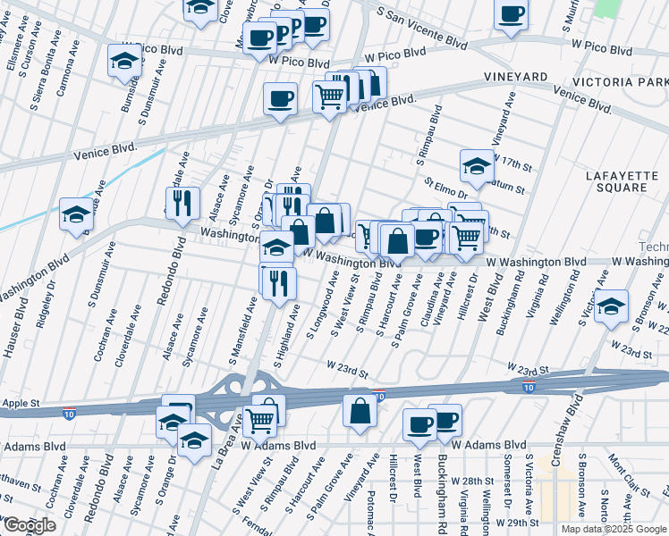 map of restaurants, bars, coffee shops, grocery stores, and more near 1900 South Longwood Avenue in Los Angeles