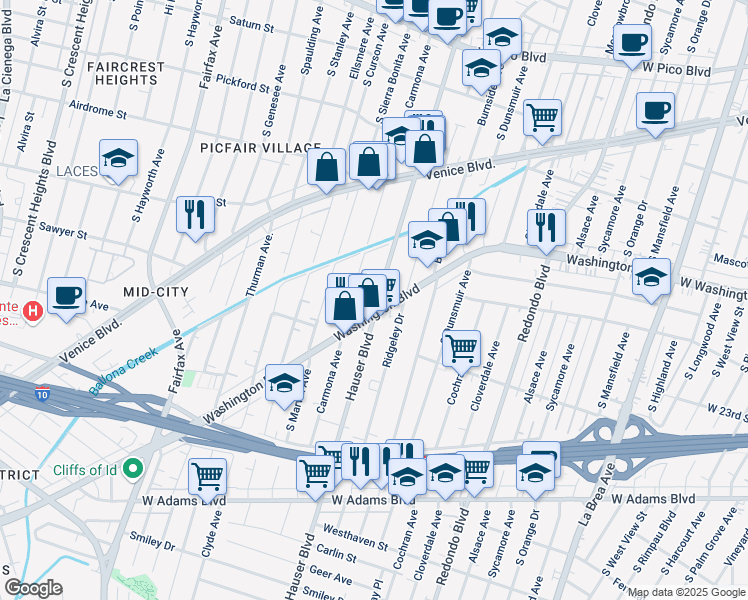 map of restaurants, bars, coffee shops, grocery stores, and more near 1943 Hauser Boulevard in Los Angeles