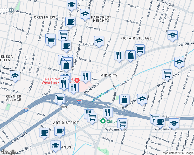 map of restaurants, bars, coffee shops, grocery stores, and more near 5941 Venice Boulevard in Los Angeles