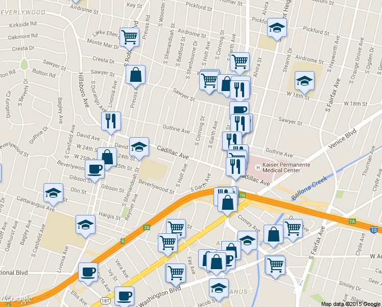 map of restaurants, bars, coffee shops, grocery stores, and more near 2050 South Holt Avenue in Los Angeles