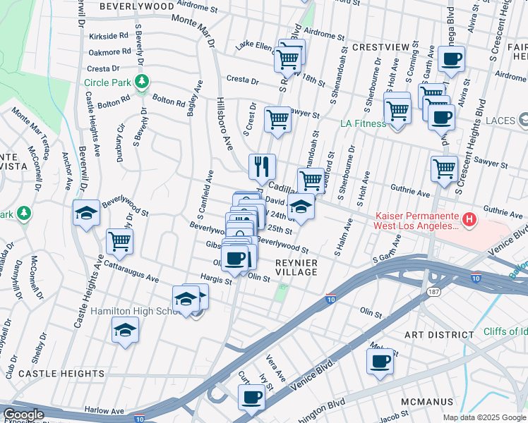 map of restaurants, bars, coffee shops, grocery stores, and more near 8970 West 24th Street in Los Angeles