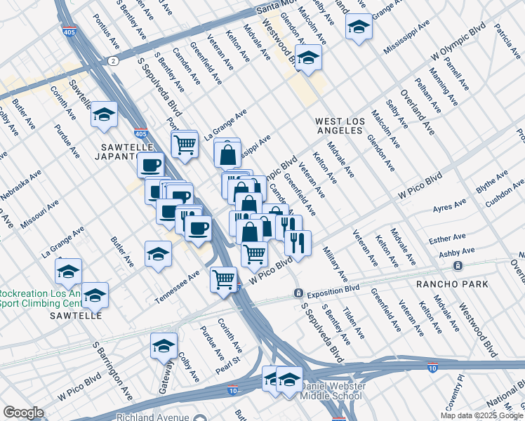 map of restaurants, bars, coffee shops, grocery stores, and more near 2226 South Sepulveda Boulevard in Los Angeles