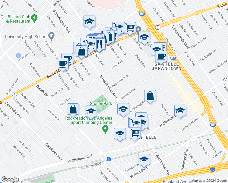 map of restaurants, bars, coffee shops, grocery stores, and more near 1824 South Barrington Avenue in Los Angeles