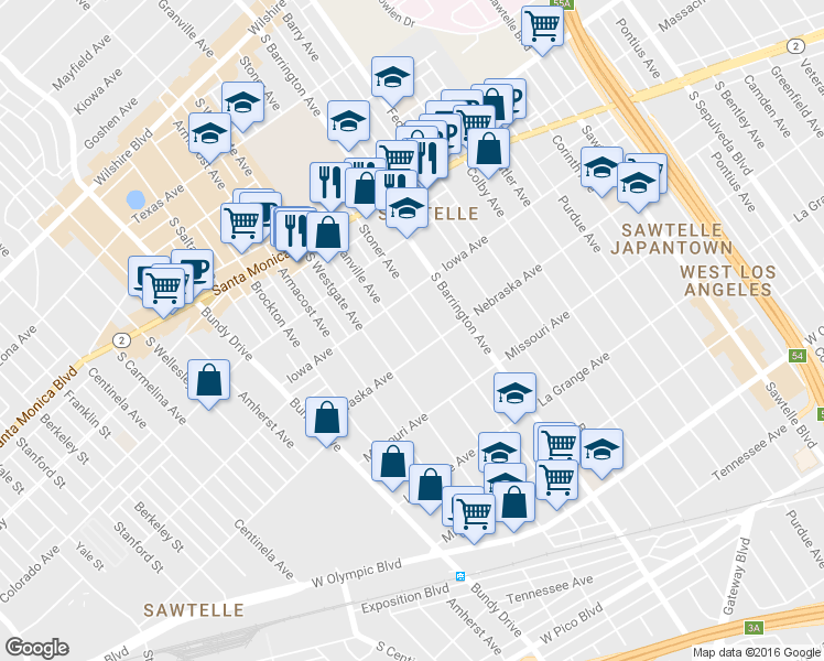 map of restaurants, bars, coffee shops, grocery stores, and more near 1734 Granville Avenue in Los Angeles