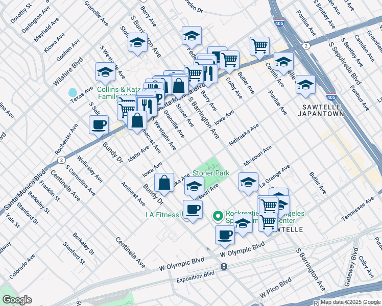 map of restaurants, bars, coffee shops, grocery stores, and more near 1734 Granville Avenue in Los Angeles