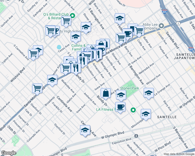 map of restaurants, bars, coffee shops, grocery stores, and more near 1606 Brockton Avenue in Los Angeles
