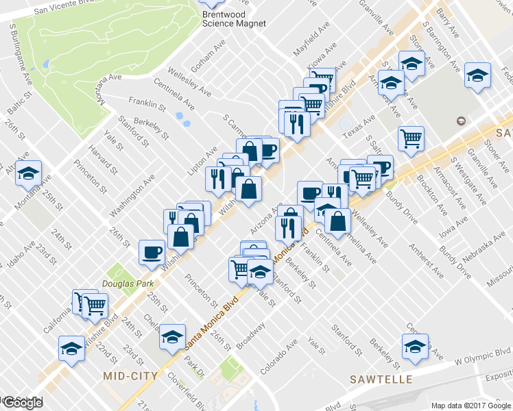 map of restaurants, bars, coffee shops, grocery stores, and more near 1226 Franklin Street in Santa Monica