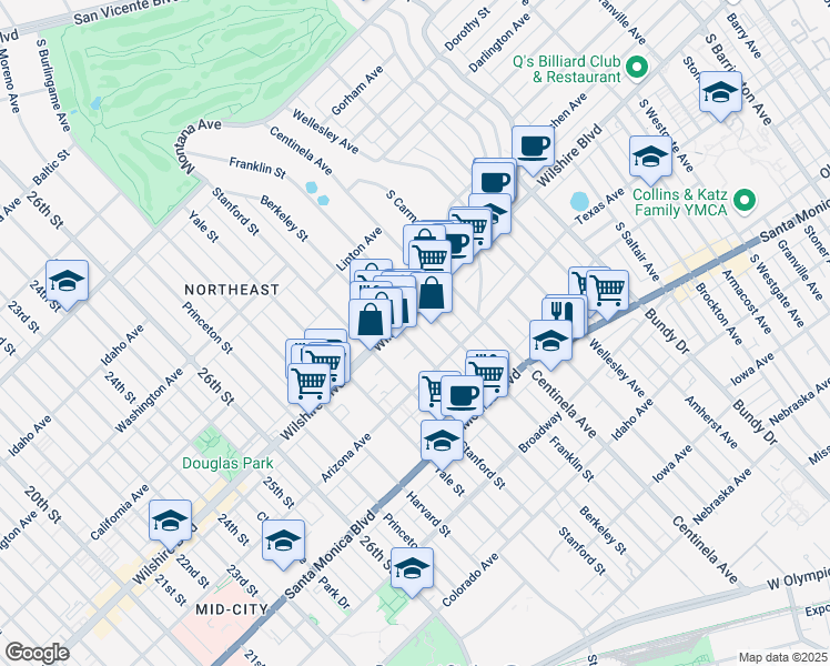 map of restaurants, bars, coffee shops, grocery stores, and more near 1226 Franklin Street in Santa Monica