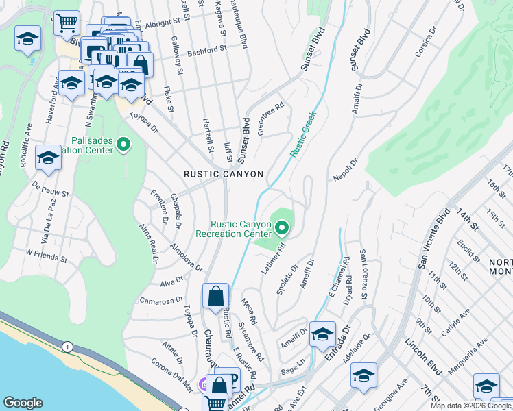 map of restaurants, bars, coffee shops, grocery stores, and more near 627 Hightree Road in Santa Monica