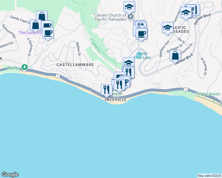 map of restaurants, bars, coffee shops, grocery stores, and more near 17385 Sunset Boulevard in Los Angeles