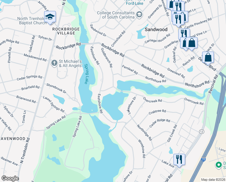 map of restaurants, bars, coffee shops, grocery stores, and more near 3916 Overcreek Road in Columbia