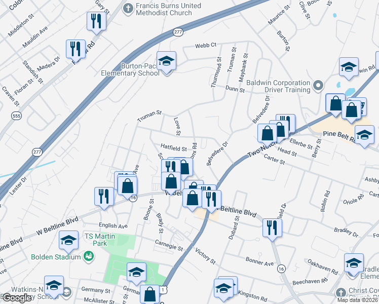 map of restaurants, bars, coffee shops, grocery stores, and more near 1807 Hatfield Street in Columbia