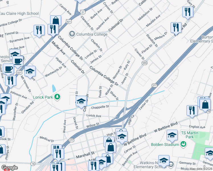 map of restaurants, bars, coffee shops, grocery stores, and more near 3908 Shaw Street in Columbia