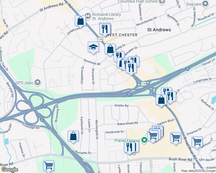 map of restaurants, bars, coffee shops, grocery stores, and more near 808 Old Manor Road in Columbia
