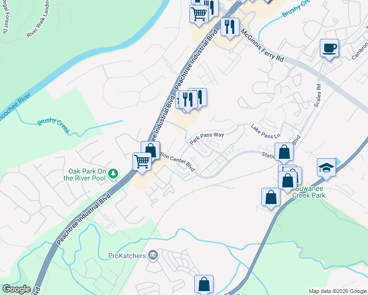map of restaurants, bars, coffee shops, grocery stores, and more near 1319 Park Pass Way in Suwanee