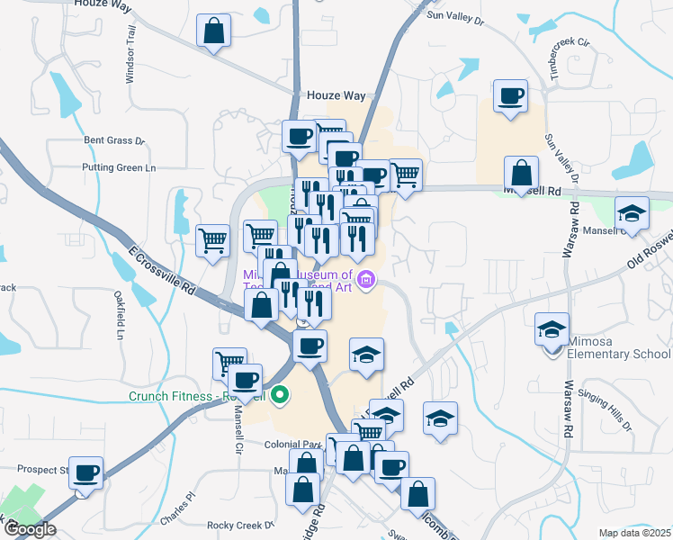 map of restaurants, bars, coffee shops, grocery stores, and more near in Roswell