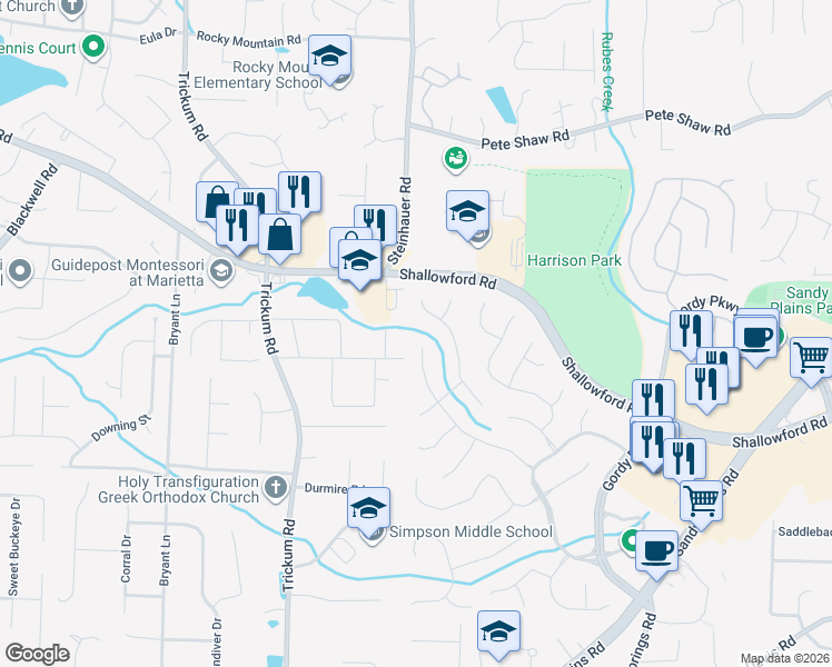 map of restaurants, bars, coffee shops, grocery stores, and more near 3362 Perrington Pointe in Marietta