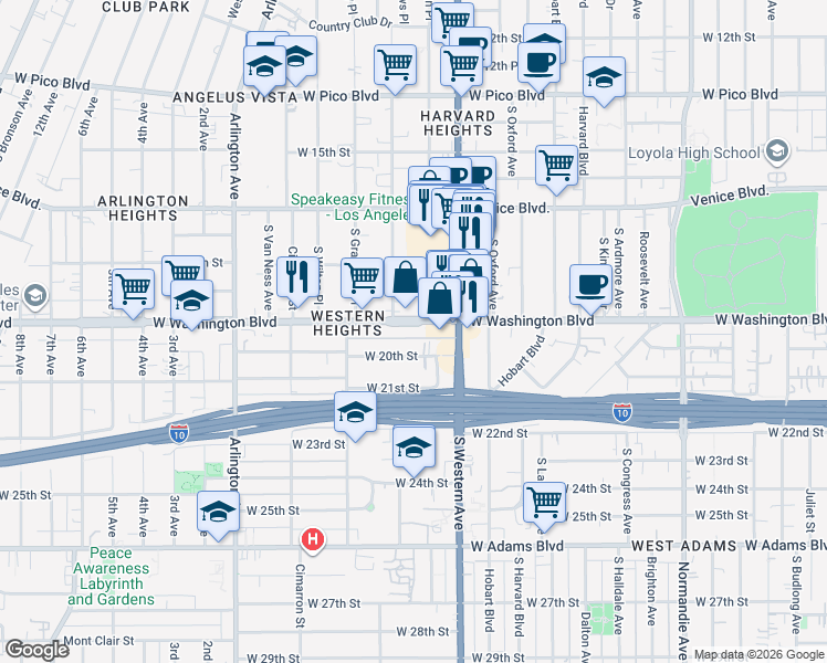 map of restaurants, bars, coffee shops, grocery stores, and more near 2258 West Washington Boulevard in Los Angeles