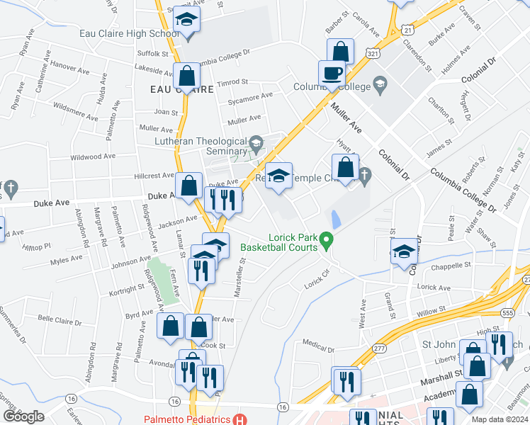 map of restaurants, bars, coffee shops, grocery stores, and more near 1302 Mount Vernon Street in Columbia