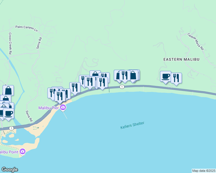 map of restaurants, bars, coffee shops, grocery stores, and more near 22677 California 1 in Malibu