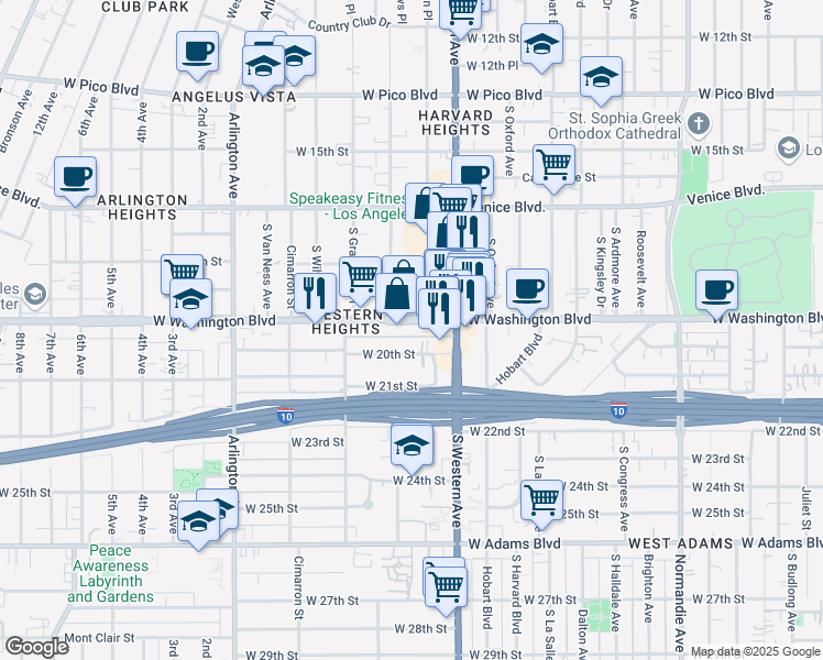 map of restaurants, bars, coffee shops, grocery stores, and more near 2258 West Washington Boulevard in Los Angeles