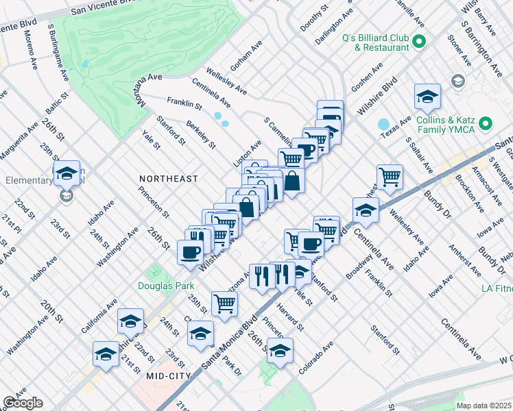 map of restaurants, bars, coffee shops, grocery stores, and more near 3017 Wilshire Boulevard in Santa Monica