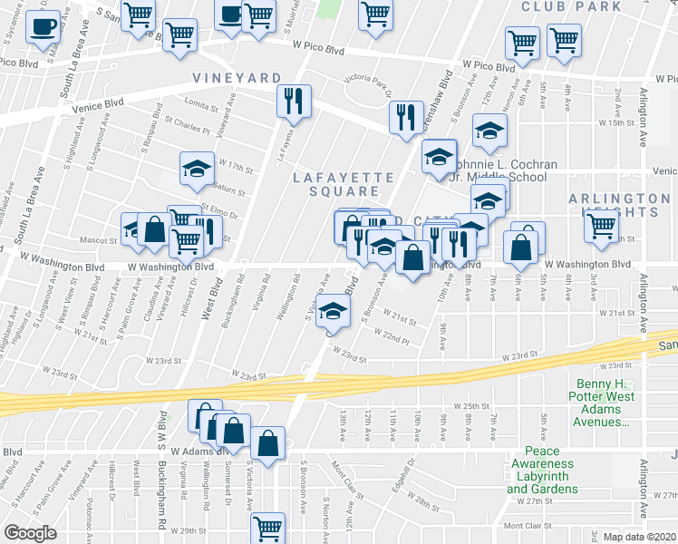 map of restaurants, bars, coffee shops, grocery stores, and more near 1902 South Victoria Avenue in Los Angeles