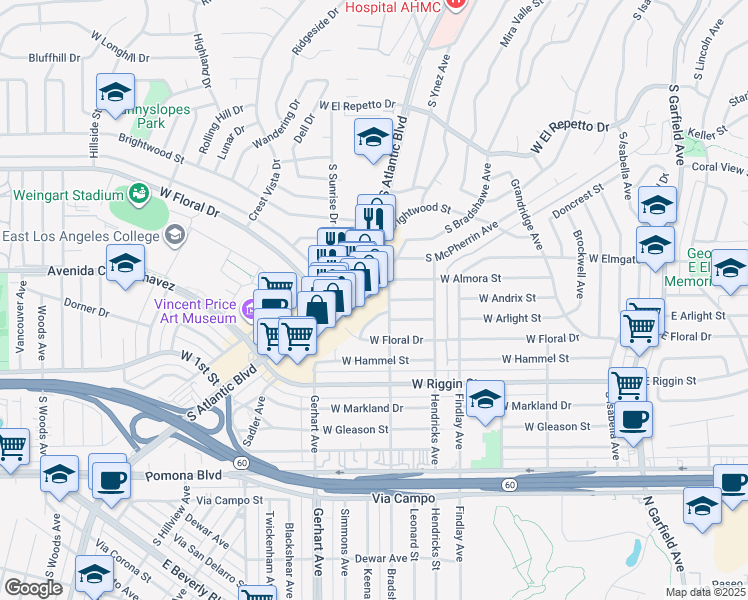 map of restaurants, bars, coffee shops, grocery stores, and more near 2028 South Atlantic Boulevard in Monterey Park