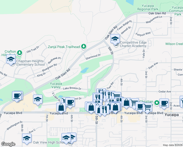 map of restaurants, bars, coffee shops, grocery stores, and more near 34280 Forest Oaks Drive in Yucaipa