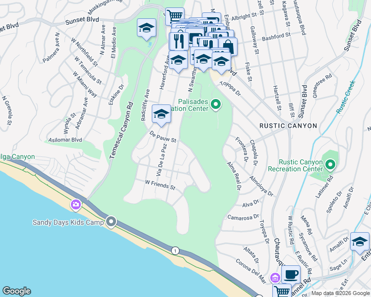 map of restaurants, bars, coffee shops, grocery stores, and more near 15328 De Pauw Street in Los Angeles