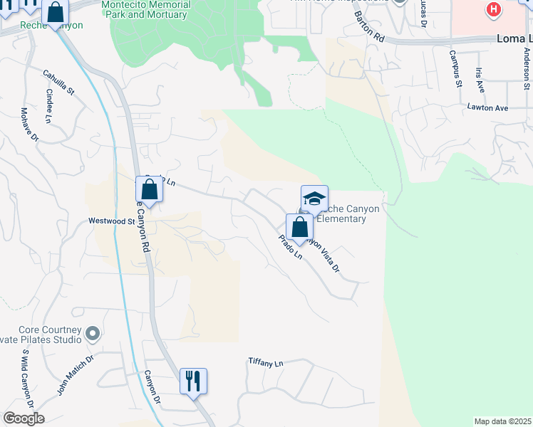 map of restaurants, bars, coffee shops, grocery stores, and more near 3019 Prado Lane in Colton