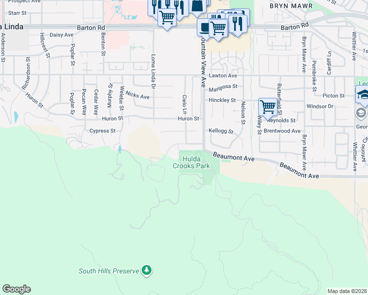 map of restaurants, bars, coffee shops, grocery stores, and more near 25599 Allen Way in Loma Linda