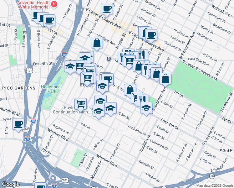 map of restaurants, bars, coffee shops, grocery stores, and more near 2603 East 4th Street in Los Angeles