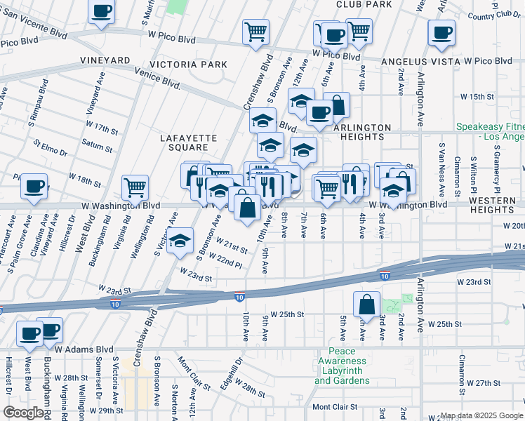 map of restaurants, bars, coffee shops, grocery stores, and more near 4016 West Washington Boulevard in Los Angeles