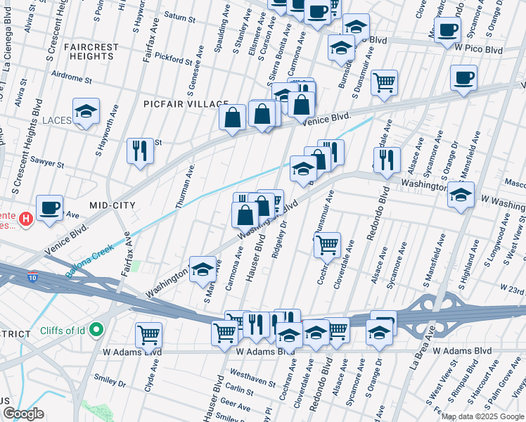 map of restaurants, bars, coffee shops, grocery stores, and more near 1943 Hauser Boulevard in Los Angeles