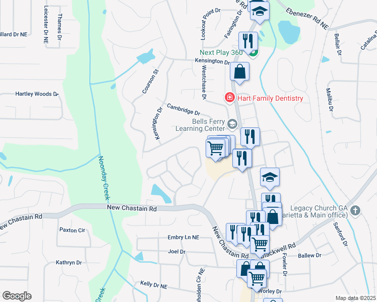 map of restaurants, bars, coffee shops, grocery stores, and more near 3463 Chastain Glen Lane Northeast in Marietta