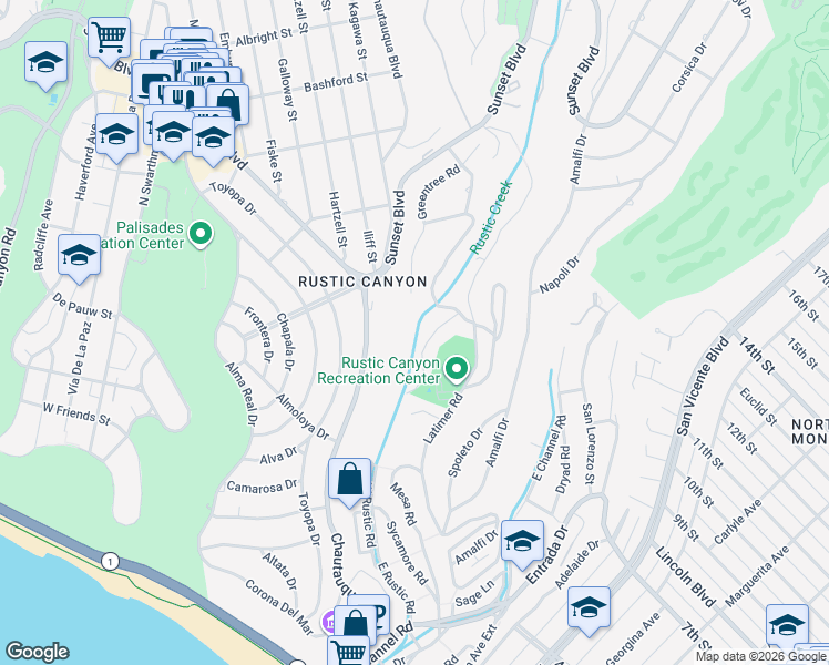 map of restaurants, bars, coffee shops, grocery stores, and more near 627 Hightree Road in Santa Monica