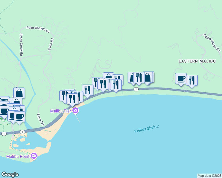 map of restaurants, bars, coffee shops, grocery stores, and more near 22751 Pacific Coast Highway in Malibu