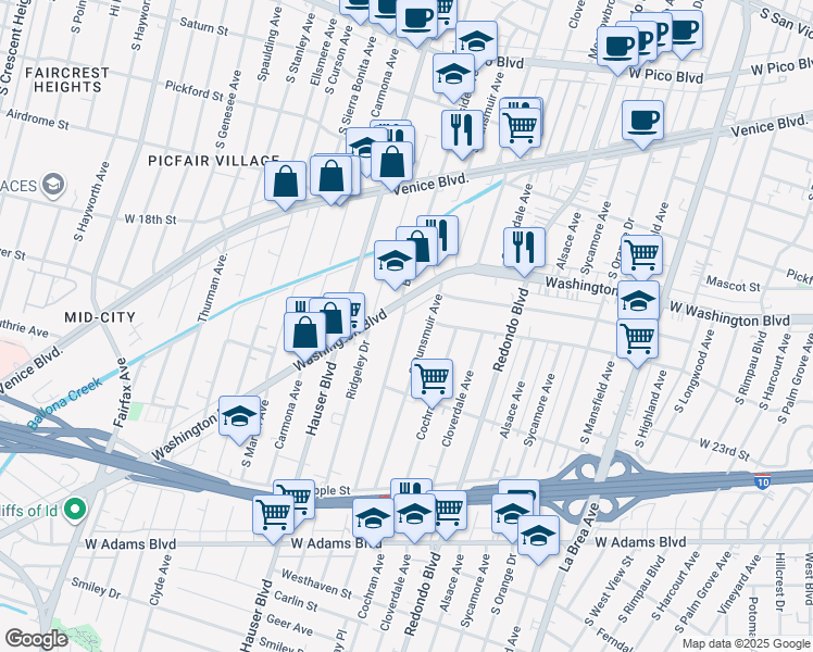 map of restaurants, bars, coffee shops, grocery stores, and more near 2026 South Burnside Avenue in Los Angeles