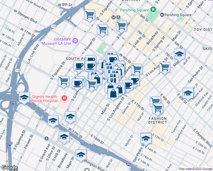 map of restaurants, bars, coffee shops, grocery stores, and more near 1108 South Hill Street in Los Angeles
