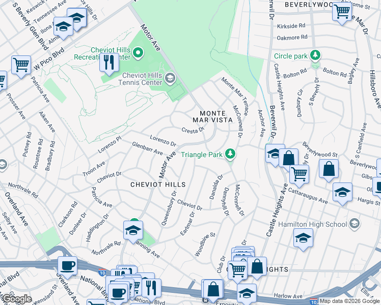 map of restaurants, bars, coffee shops, grocery stores, and more near 2881 Forrester Drive in Los Angeles