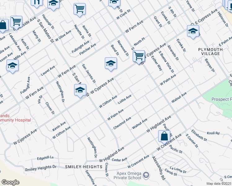map of restaurants, bars, coffee shops, grocery stores, and more near 636 Mc Kinley Drive in Redlands