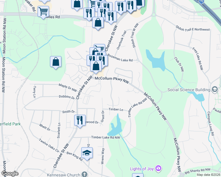 map of restaurants, bars, coffee shops, grocery stores, and more near 3561 Kennesaw Station Drive in Kennesaw