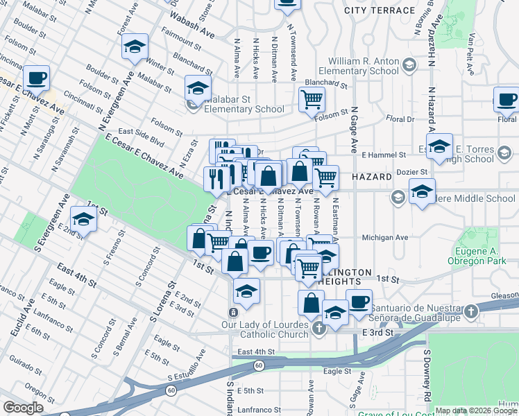 map of restaurants, bars, coffee shops, grocery stores, and more near 308 North Alma Avenue in Los Angeles