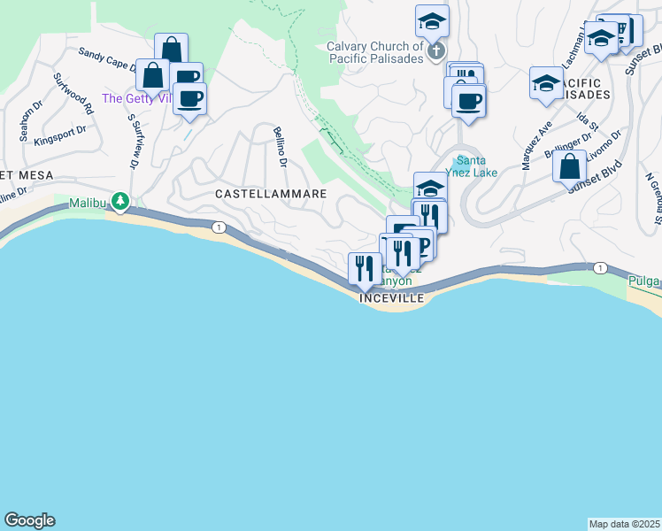 map of restaurants, bars, coffee shops, grocery stores, and more near 17504 Castellammare Drive in Los Angeles