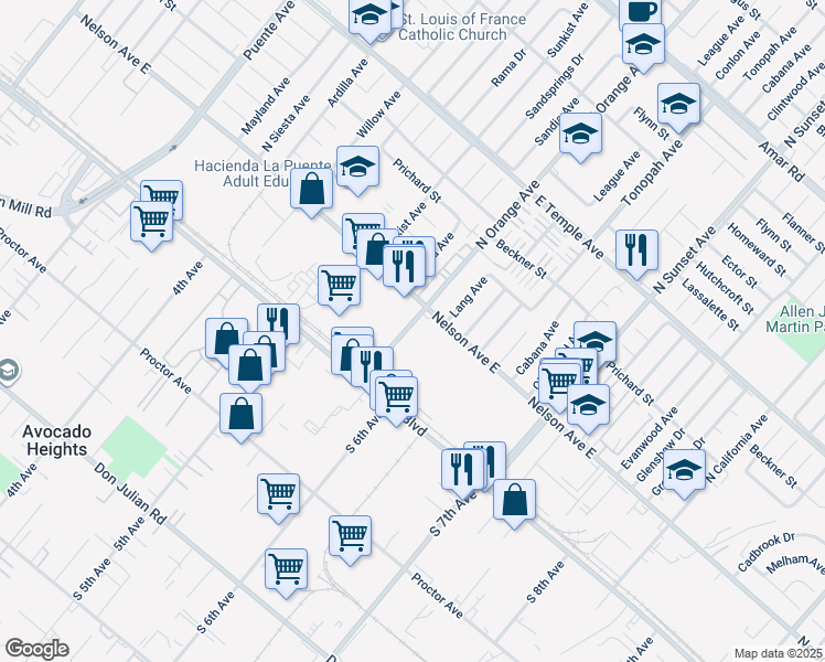 map of restaurants, bars, coffee shops, grocery stores, and more near 240 North Orange Avenue in City of Industry