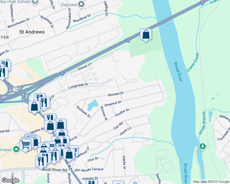 map of restaurants, bars, coffee shops, grocery stores, and more near 1649 Romain Drive in Columbia