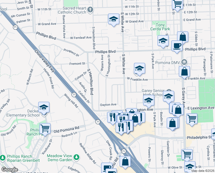 map of restaurants, bars, coffee shops, grocery stores, and more near 1748 South Huntington Street in Pomona