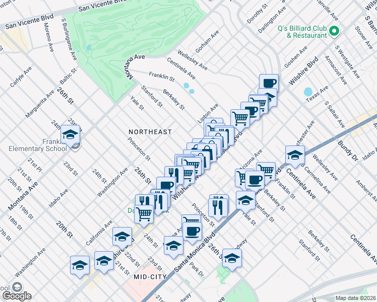 map of restaurants, bars, coffee shops, grocery stores, and more near 1111 Yale Street in Santa Monica