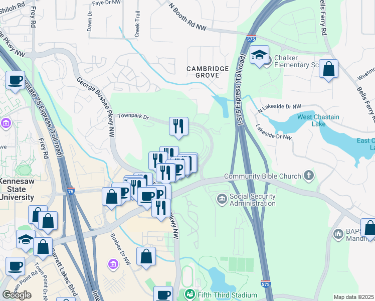 map of restaurants, bars, coffee shops, grocery stores, and more near 500 Townpark Lane in Kennesaw